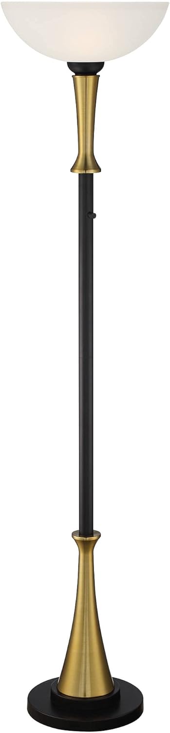 Burbank Modern Mid Century Art Deco Glam Style Torchiere Floor Lamp Black Brass Metal Frosted White Glass Shade for Living Room Reading House Bedroom Home Office Uplight - Possini Euro Design