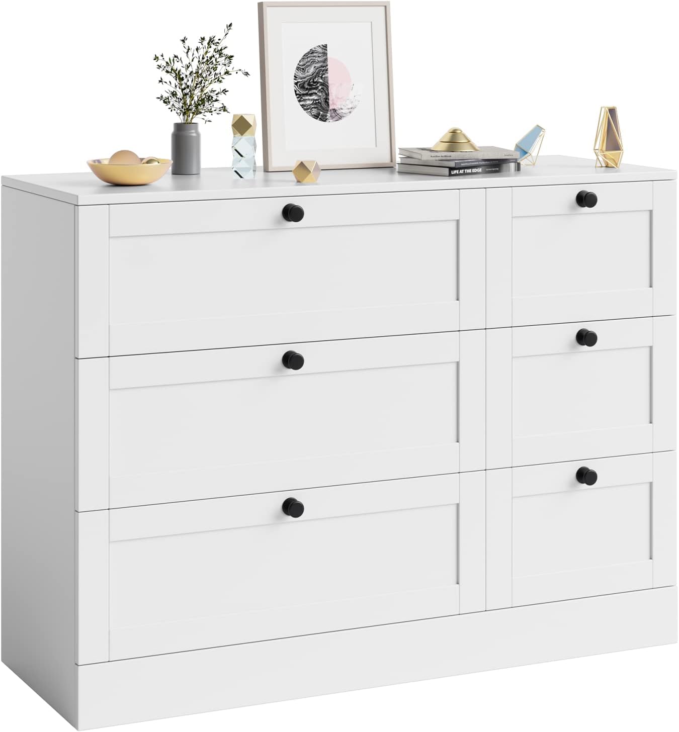 HOSTACK Storage Cabinet, 6 Drawer Dresser with Wide Space, Modern Closet Storage Drawers, Wooden Sideboard for Living Room, Bedroom, Dining Room, White