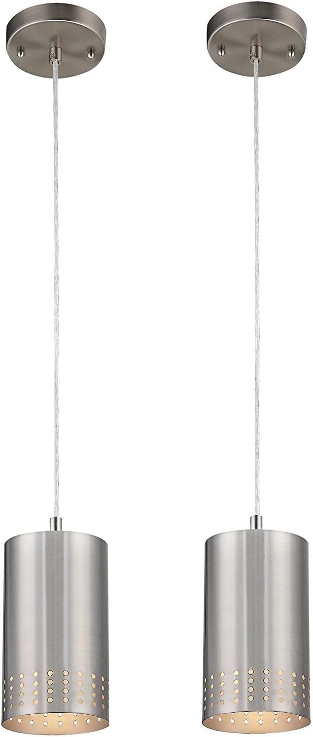 Dysmio Lighting One-Light Adjustable Mini Pendant with Perforated Cylindrical Metal Shade, Brushed Nickel Finish Pack of 2