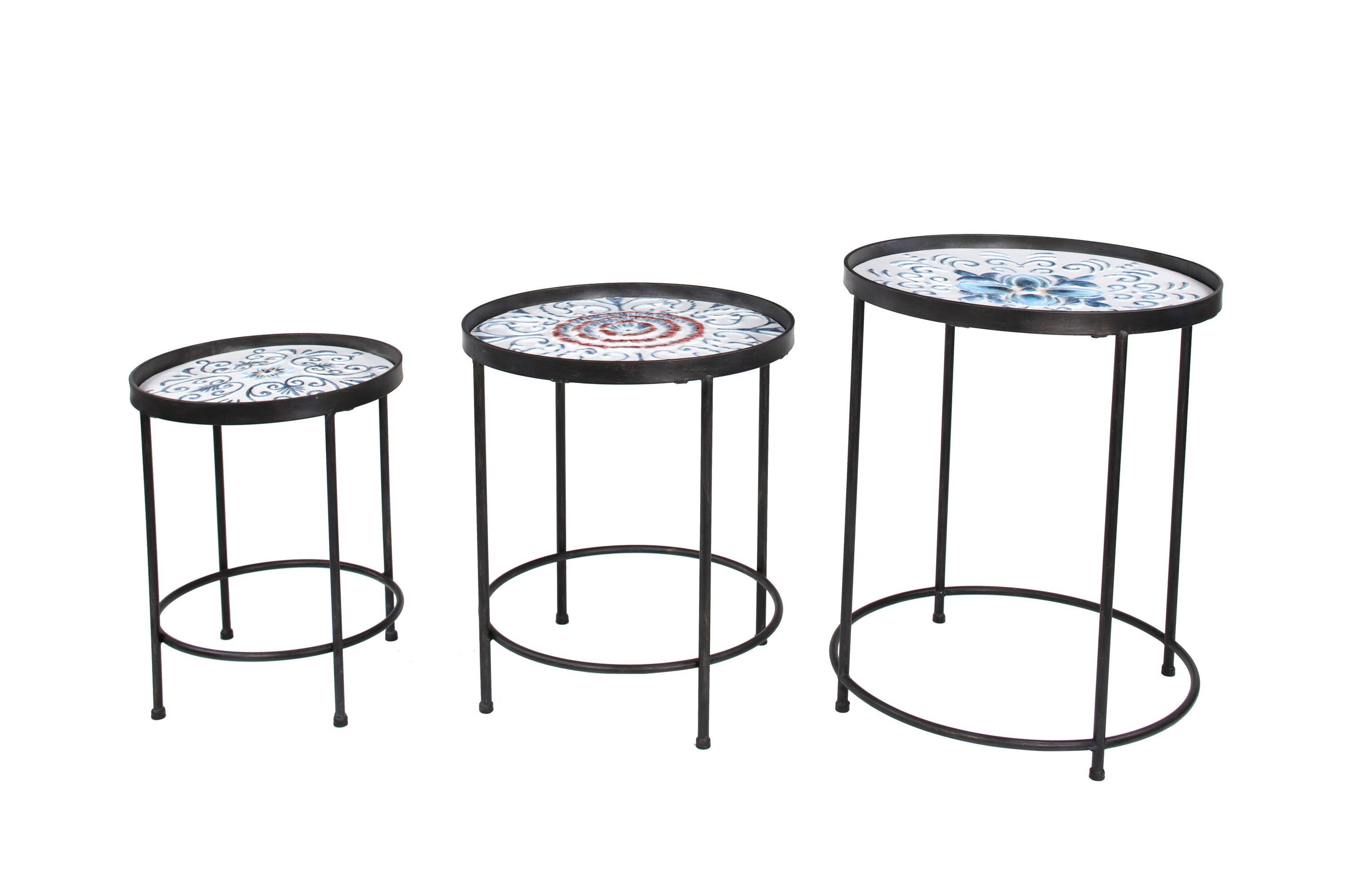 Zimlay Round Blue, Black and White Metal Set of 3 Nesting Accent Tables 42997