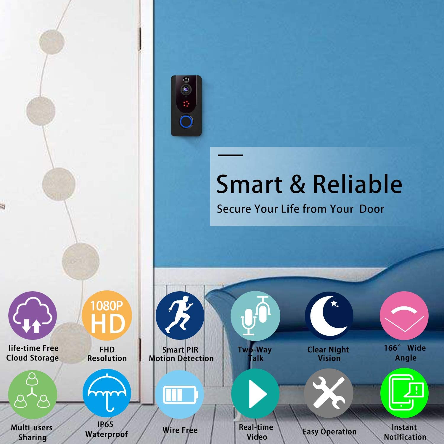 Wireless Doorbell Camera 1080P with Chime, Video Doorbell Camera with PIR Motion Detection, Wi-Fi Smart Door Bell with Lifetime Free Cloud Service, IP65 Waterproof, 2-Way Audio, Clear Night Vision Pack of 2