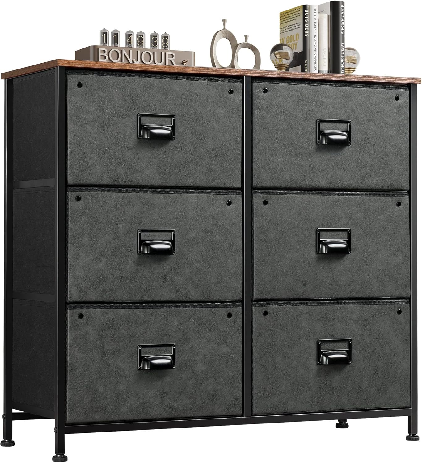 WLIVE Dresser with 6 Drawers, Fabric Storage Tower, Industrial Closet Organizer Unit with Metal Frame, Wooden Top, Storage Dresser for Bedroom, Hallway, Entryway, Black