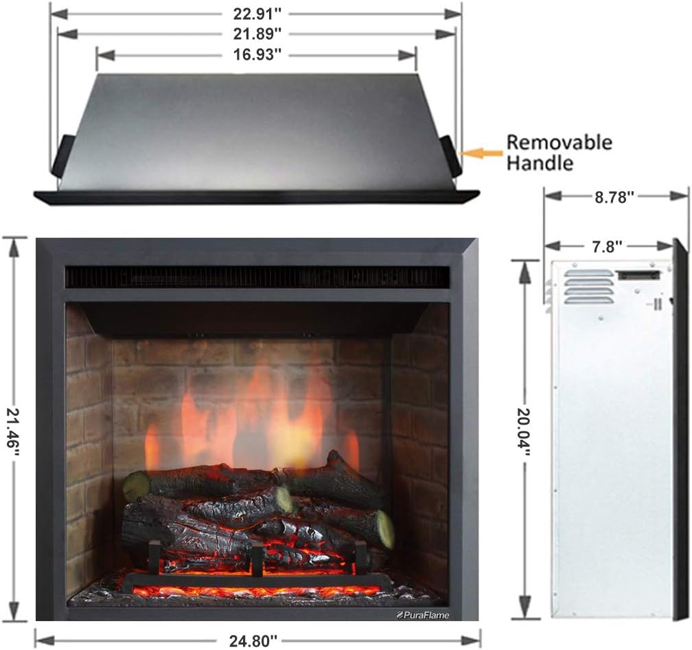 PuraFlame Western Electric Fireplace Insert with Fire Crackling Sound, Remote Control, 750/1500W, Black, 22 53/64 Inches Wide, 20 3/64 Inches High