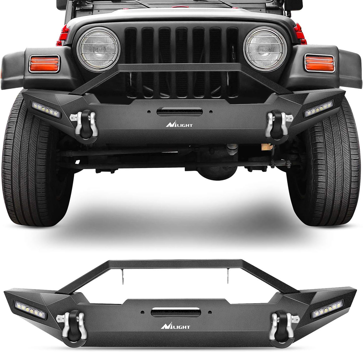 Nilight Front Bumper Compatible for 87-06 Jeep Wrangler TJ & YJ Rock Crawler Bumper with 2 x LED Lights, Winch Plate and 2 x D-Rings,Upgraded Textured Black,2 Years Warranty (JK-55A)