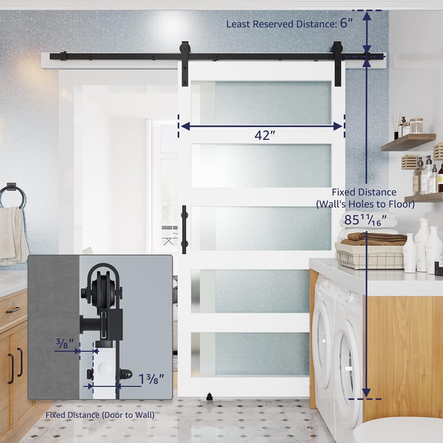 COSHOMER 42in x 84in 5-Panel Glass Barn Door with 7ft Sliding Door Hardware Kit & Handle, Pre-Drilled Holes Easy Assembly -Solid Wood Slab & MDF Inside Covered with Water-Proof PVC Surface, White