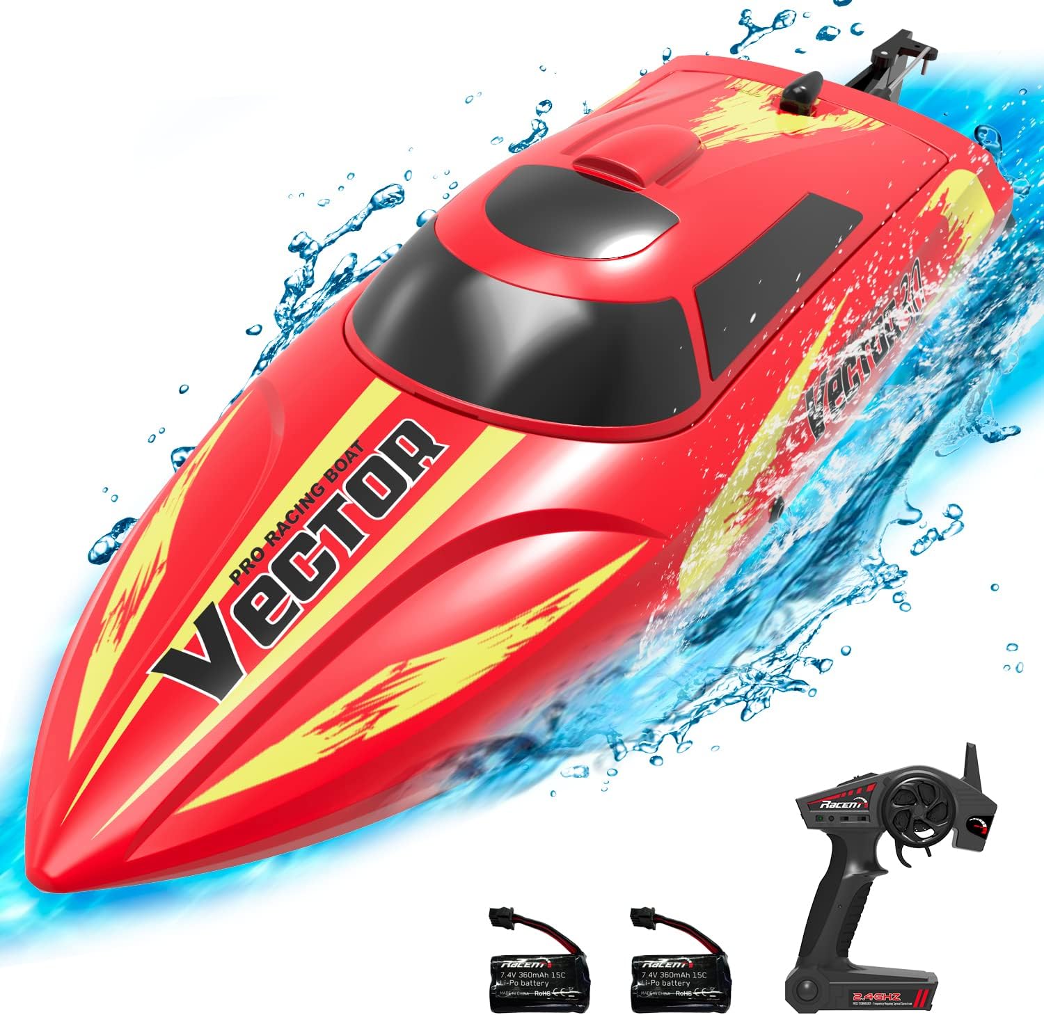 VOLANTEXRC Remote Control Boats for Pools and Lakes 20MPH Vector30 High Speed RC Boat for Kids or Adults Toy Gifts Self-righting Remote Controlled Boat with 2 Batteries & Reverse Function (795-3 Red) Pack of 2