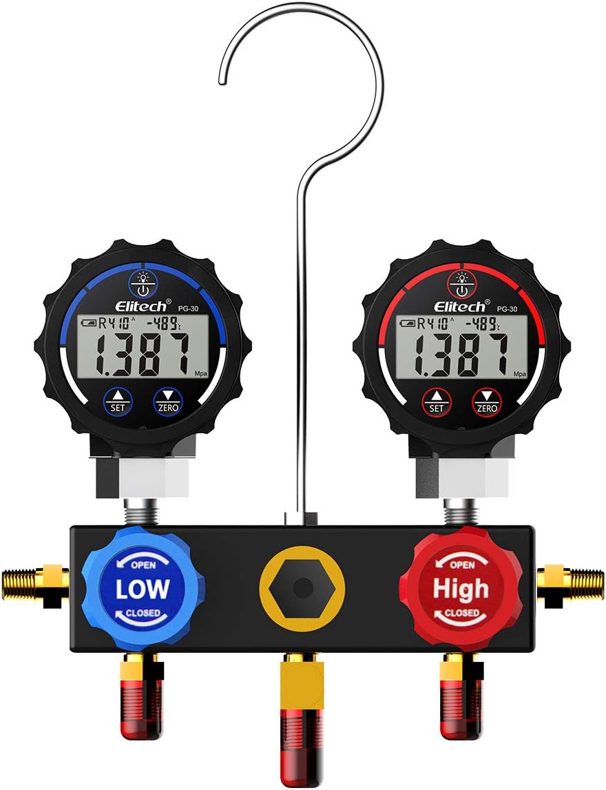 Elitech DMG-1B Digital Manifold Gauge HVAC Pressure Gauge with Carrying Case Hoses
