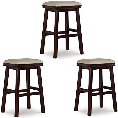 Home Square 3 Piece Wood and Faux Leather Backless Bar Stool Set in Beige