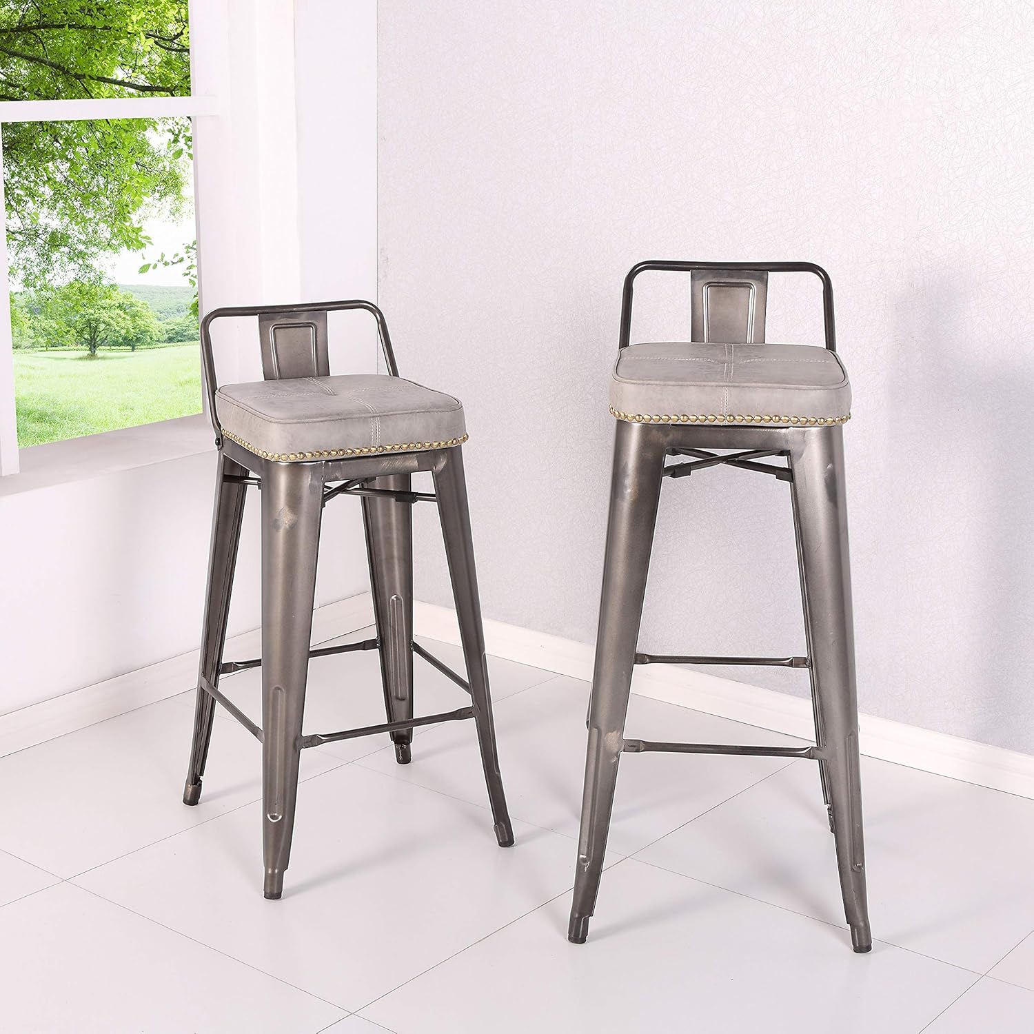 New Pacific Direct Metropolis PU Leather Low Back Bar, Set of 4 Bar & Counter Stools, Vintage Mist Gray