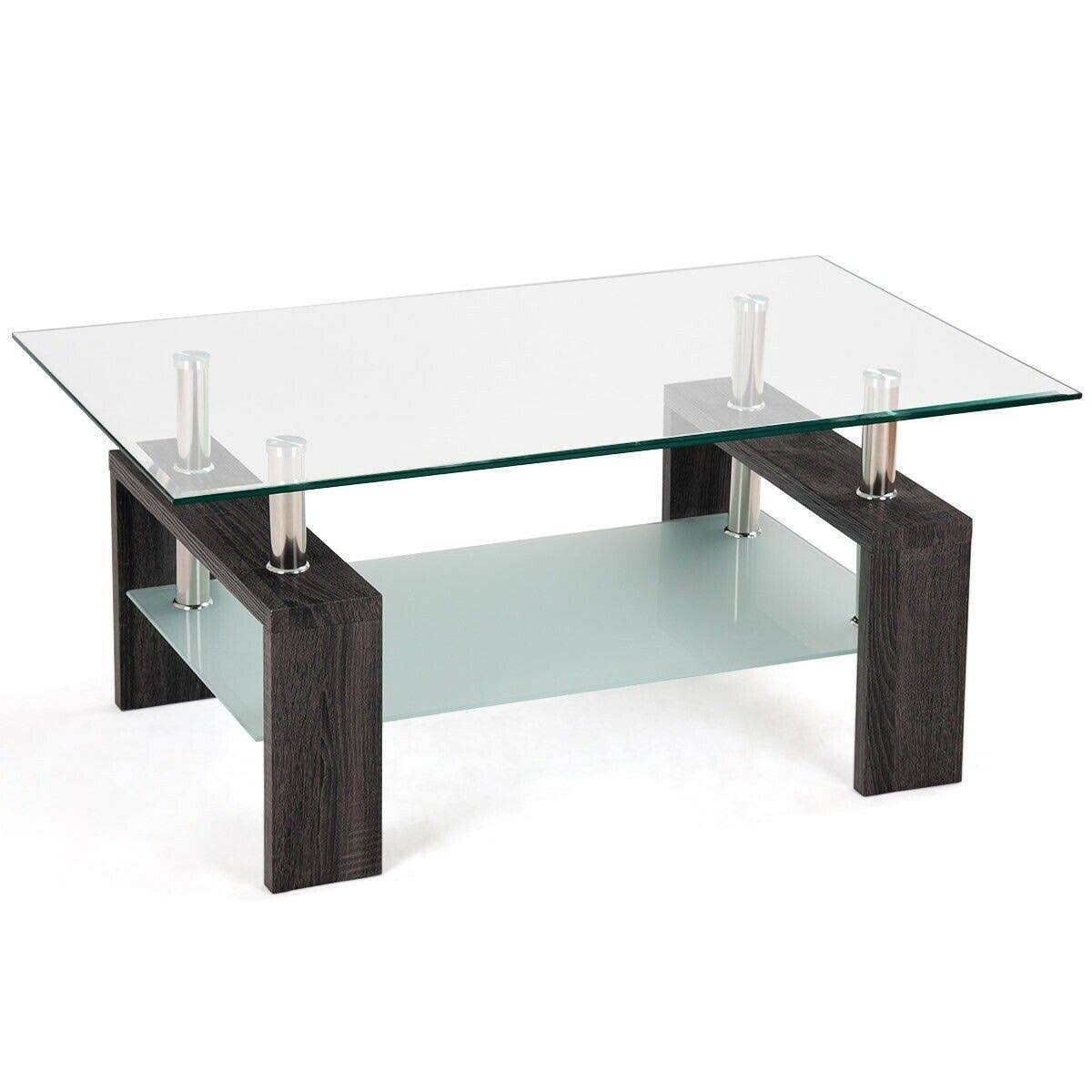 Rectangular Tempered Glass Coffee Table with Shelf-Black