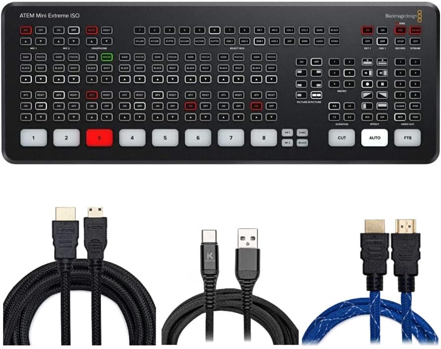 Blackmagic Design ATEM Mini Extreme ISO with (2) Knox Gear 6' 4K HDMI Cables, (2) Knox Gear 15' 4K Mini-HDMI Cables, and (2) 6' USB-C Cables Bundle (7 Items)