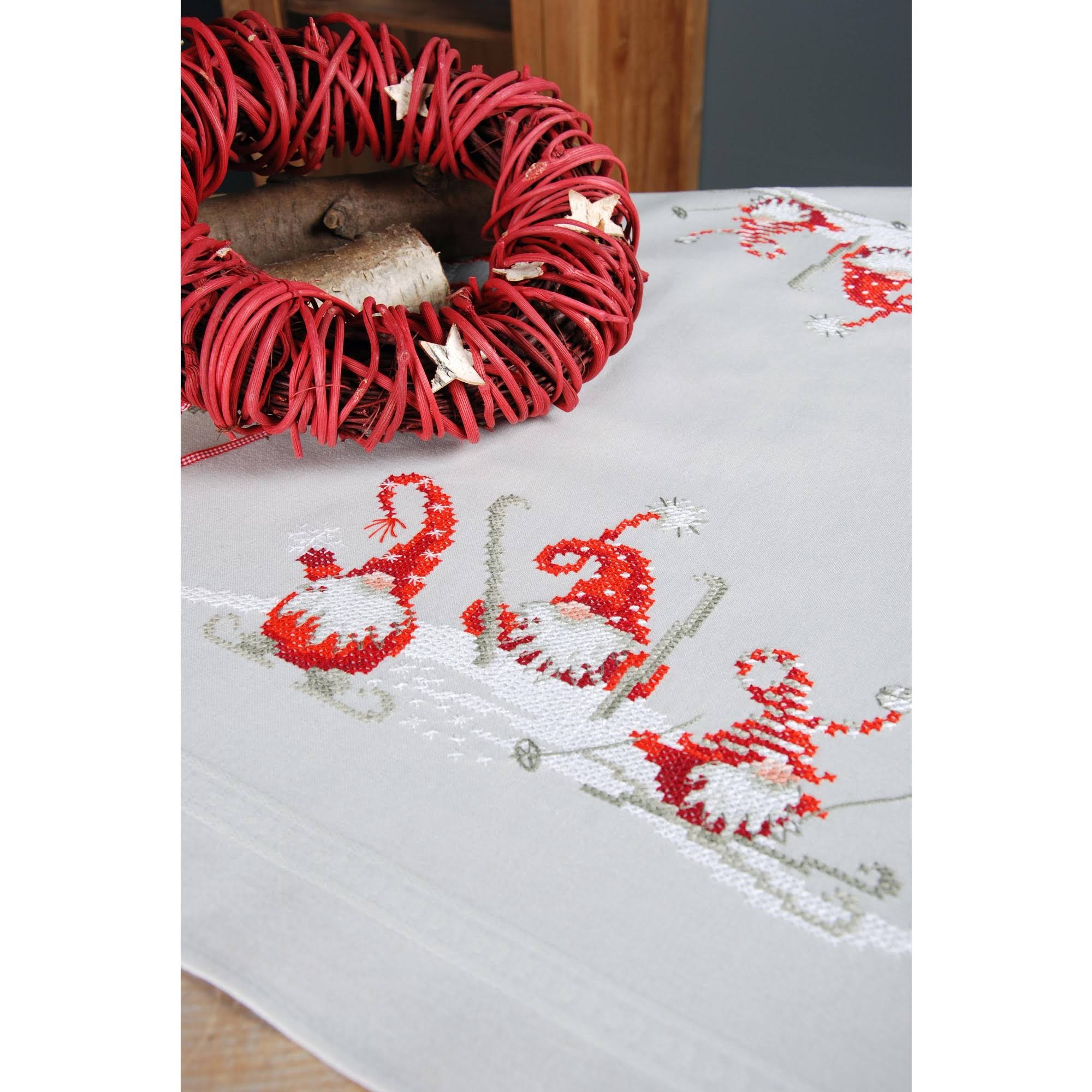 Vervaco Stamped Tablecloth Embroidery Kit 32 inchx32 inch-Christmas Gnome Skiing, Other