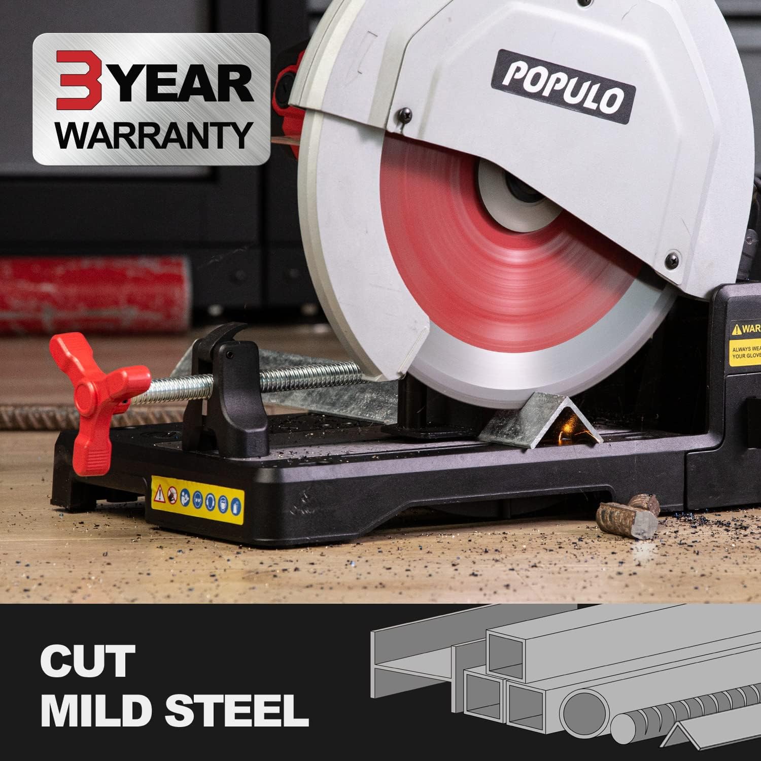 Populo Chop Saw Metal PMCS-380 Heavy Duty 15 Inch Metal Cutting Chop Saw With 14-Inch Carbide-Tipped Blade for Premium Dry Cutting Metal, Miter Saw 45&deg;, Aluminum Alloy Base for Accurate Metal Cut