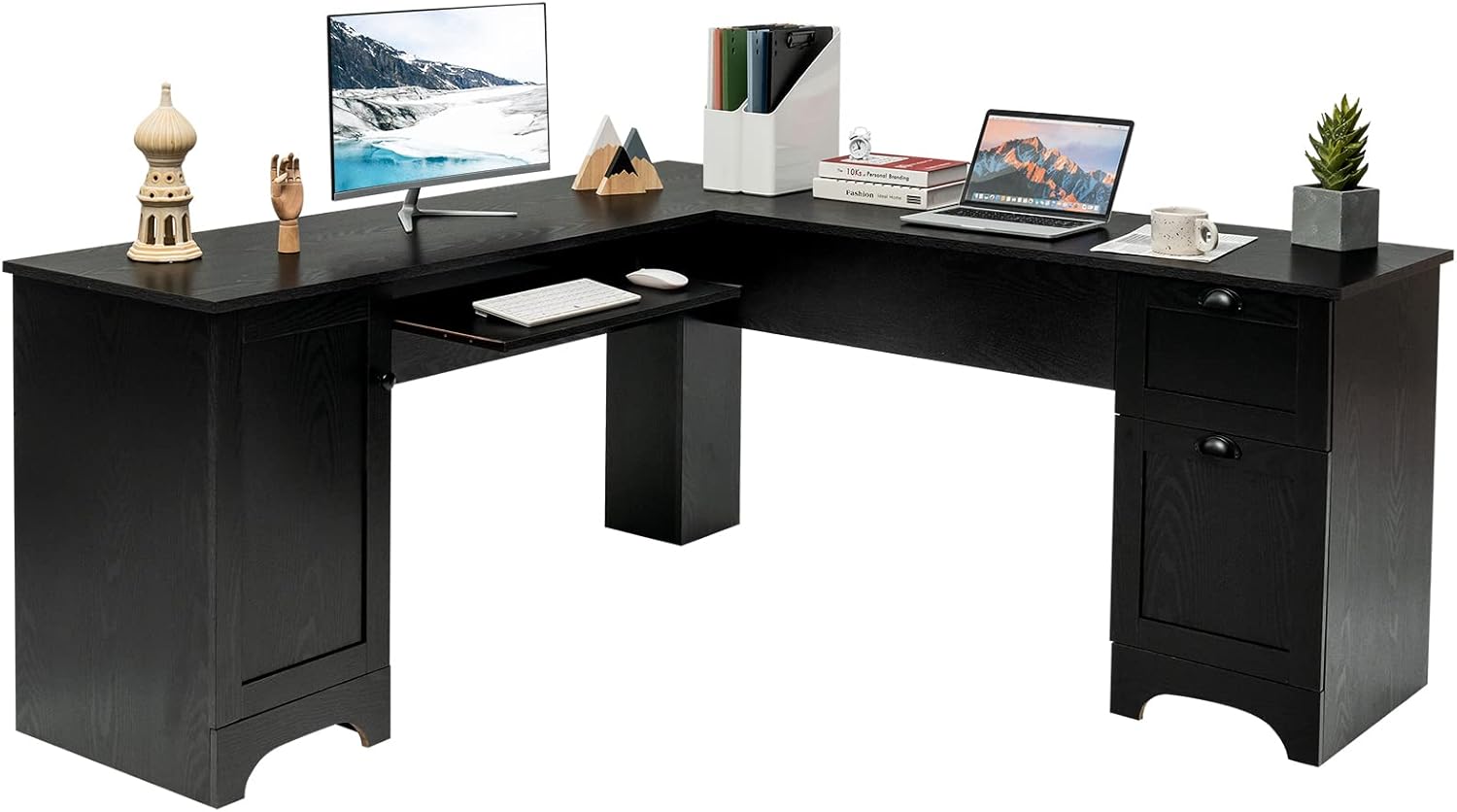 Tangkula L Shaped Office Desk, 66.5 Inches Corner Computer Desk with Storage Drawers & Cabinet, Home Office Desk with Pull-Out Keyboard Tray, Space-Saving Computer Workstation (Walnut)