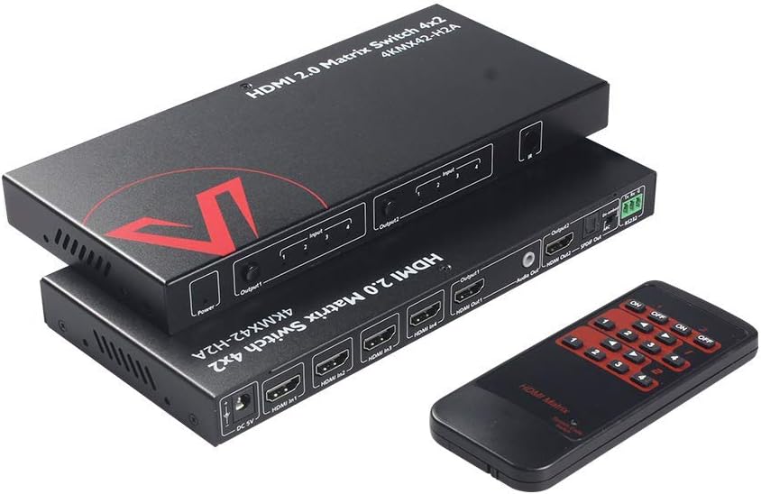 HDMI 2.0 Matrix Switch 4x2 4K@60Hz 4:4:4 HDR ARC/CEC SPDIF 5.1CH, 3.5mm Stereo Audio, Scaler 4K 1080P Synch, Work at Home, HDCP 2.2 Matrix Splitter18Gbps, API RS232 4 in 2 Out, AV Access Gaming Switch