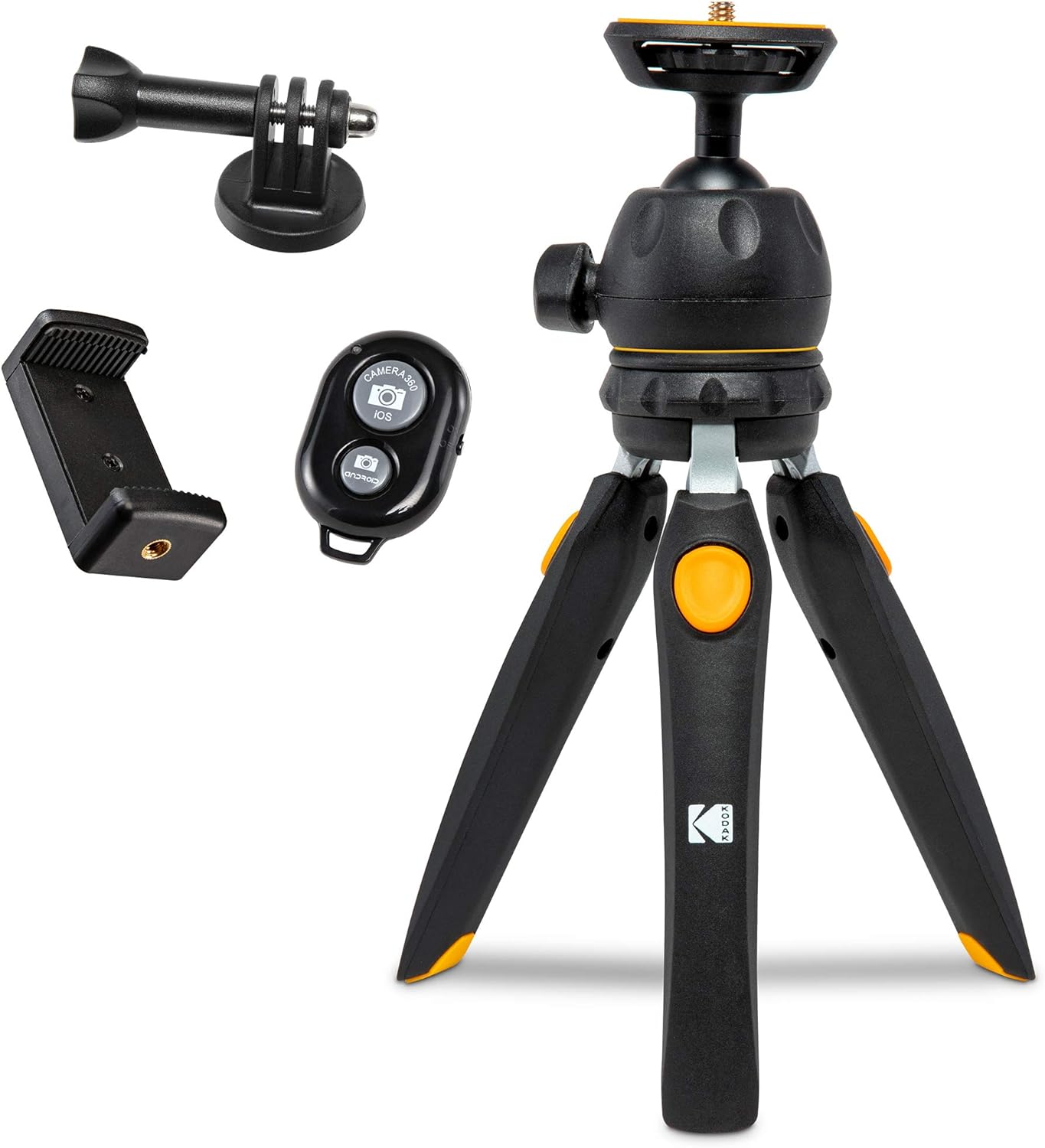 KODAK PhotoGear Mini Adjustable Tripod with Remote, 360° Ball Head, Compact 9” Tabletop Tripod,11” Selfie Stick, 5-Position Legs, Rubber Feet, Smartphone & Action Camera Adapters, E-Guide Included Pack of 2