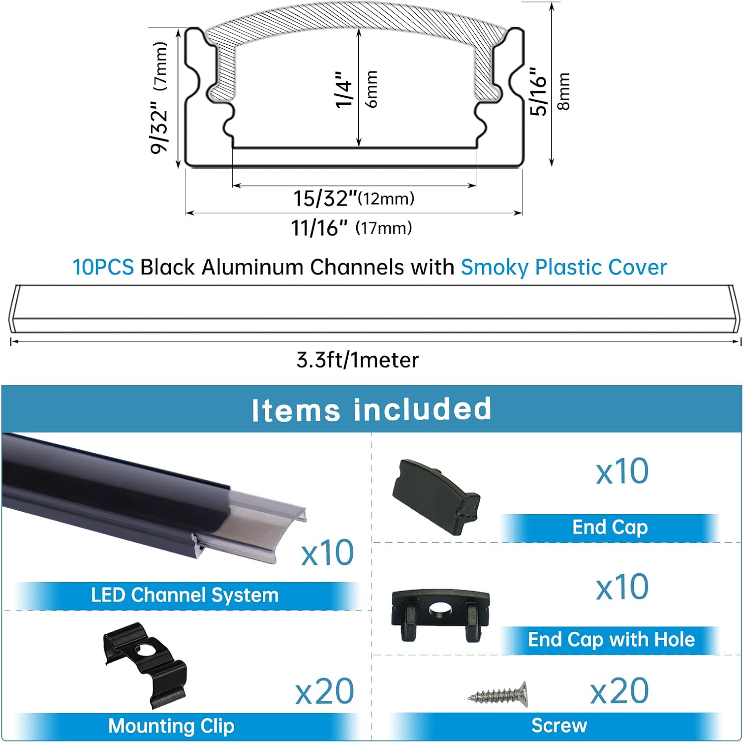Muzata 10Pack 3.3FT/1M Black LED Channel System with Crystal Smoke Transparent Clear Cover Lens,Aluminum Track Housing Profile for Strip Tape Light, U Shape U1SW BB 1M, LU1