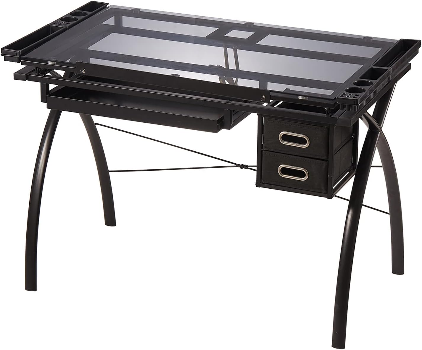 Adjustable Drafting Table for Artists with Storage Drawers, Glass Drawing Table Art Desk Craft Station with Sturdy X Metal Frame, Tabletop Height Adjustable, Writing Desk, Black