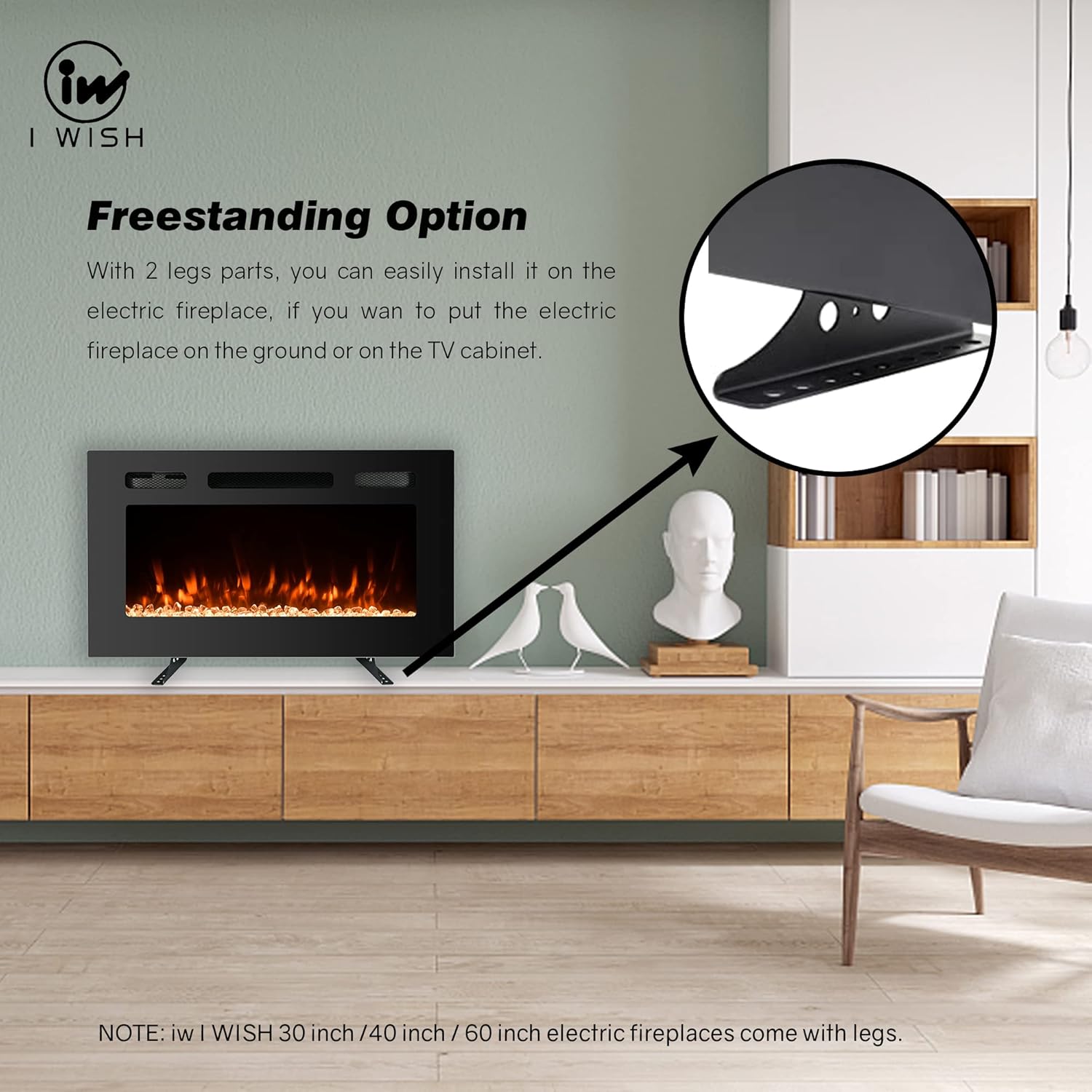 iw I WISH 30 inch Electric Fireplace, Recessed and Wall Mounted Electric Heater, Remote Control with Timer, Adjustable Flame Color, Touch Screen, 750/1500W, Logset & Crystal, Black