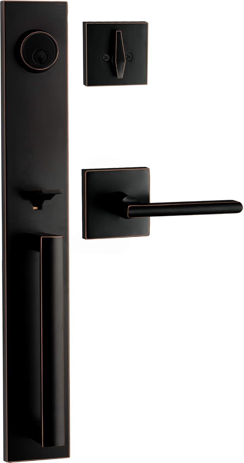 Berlin Modisch Full Escutcheon HandleSet Front Door Entry Handle and Deadbolt Lock Set Slim Square Single Cylinder Deadbolt and Lever Heavy Duty – Iron Black Finish