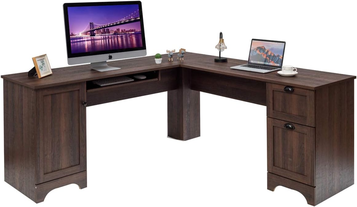 Tangkula L Shaped Office Desk, Corner Computer Desk with Storage Drawers & Cabinet, Home Office Desk with Pull-Out Keyboard Tray, Space-Saving Computer Workstation