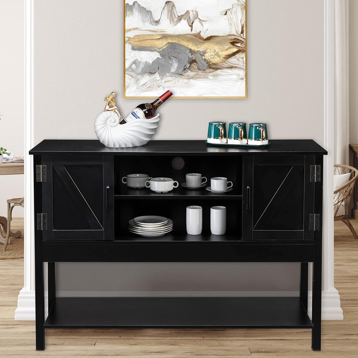 VINGLI Black Sideboard Buffet Cabinet Wood Storage Cabinets Kitchen Console Cabinet with Open Shelves for Storage