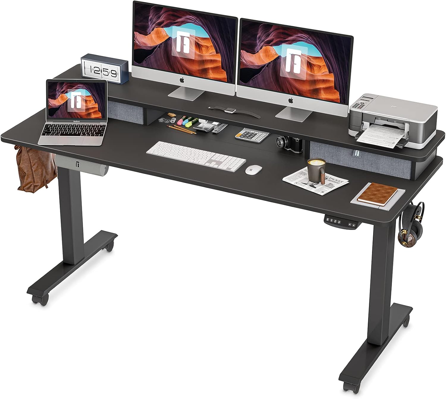 FEZIBO Height Adjustable Electric Standing Desk with Double Drawer, 48 x 24 Inch Stand Up Table with Storage Shelf, Sit Stand Desk with Splice Board, Black Frame/Rustic Brown Top