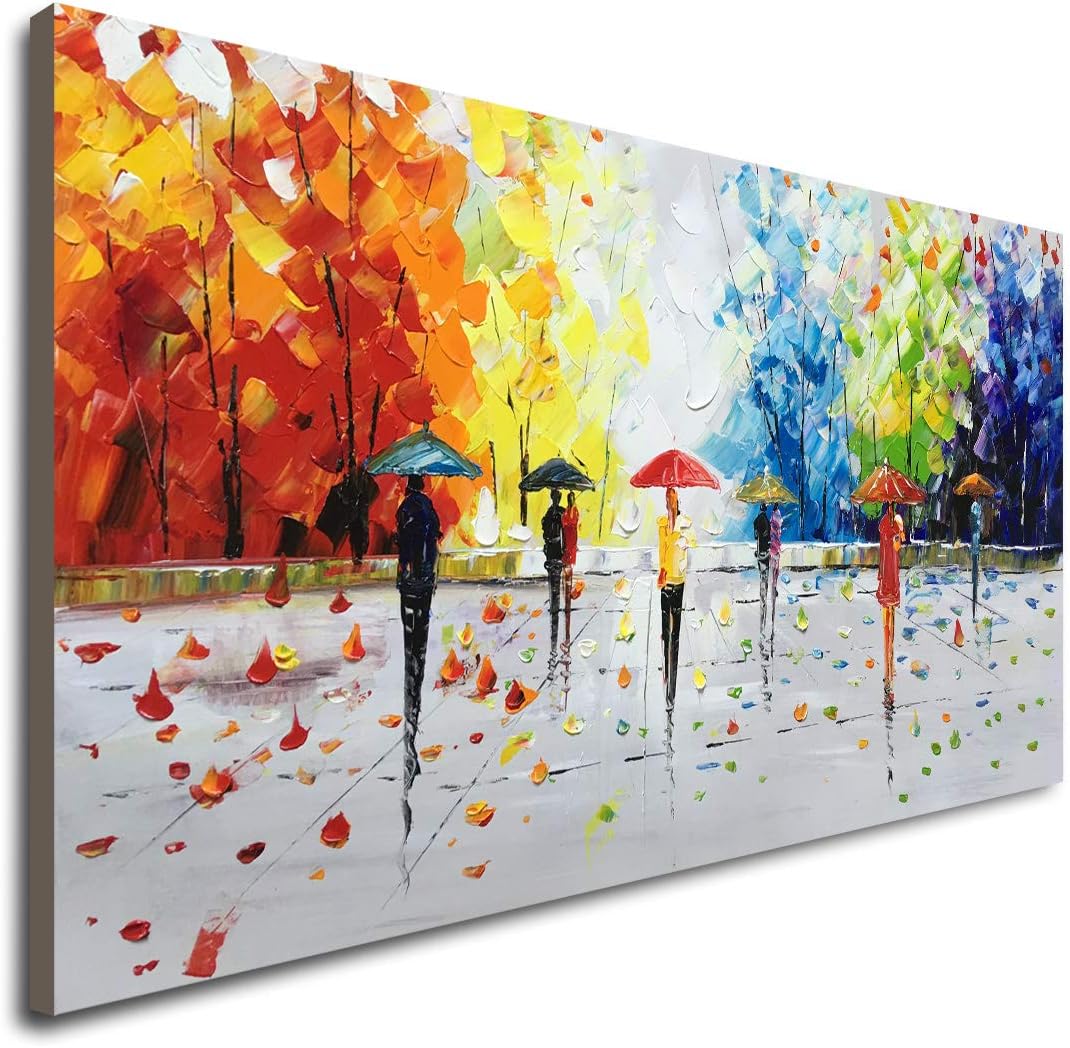 Large Handmade 60x30 Streetwalk Textured Abstract Landscape Oil Painting on Canvas