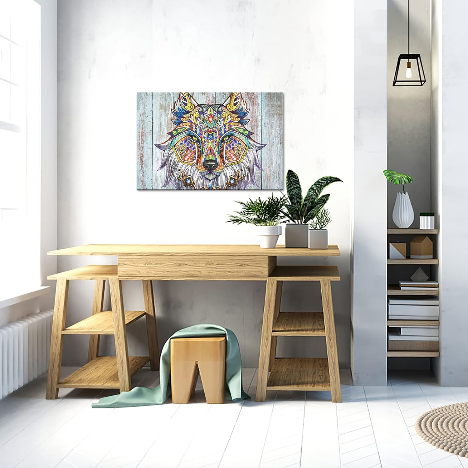 DuoBaorom Large Wolf Wildlife Picture Wall Art Abstract Boho Paisley Wolf Bohemian Animal Artwork Stretched and Framed Ready to Hang for Home Bedroom Office Decor 24x36inch