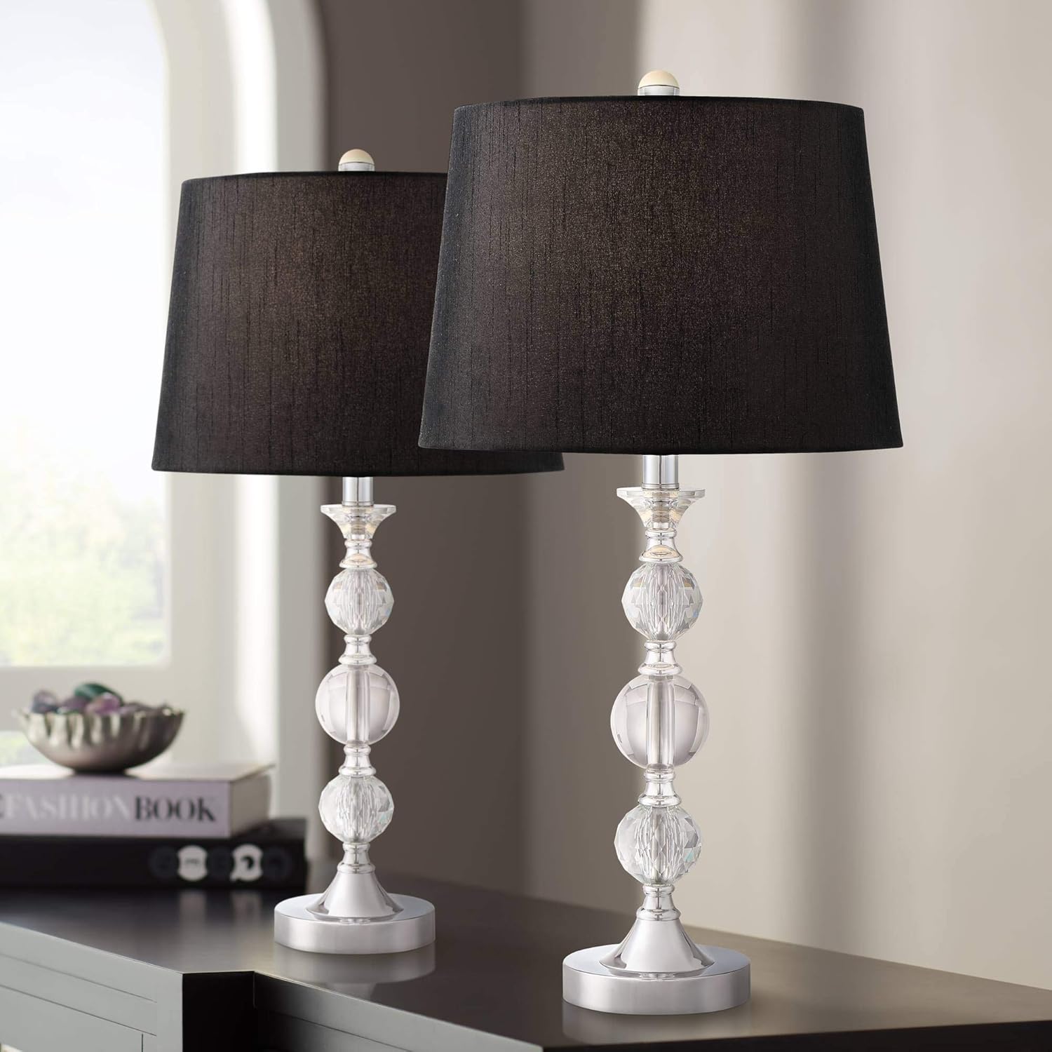 Gustavo Modern Glam Table Lamps Set of 2 with Table Top Dimmers Silver Crystal Black Tapered Drum Shade for Living Room Bedroom House Bedside Nightstand Home Office Family - Regency Hill