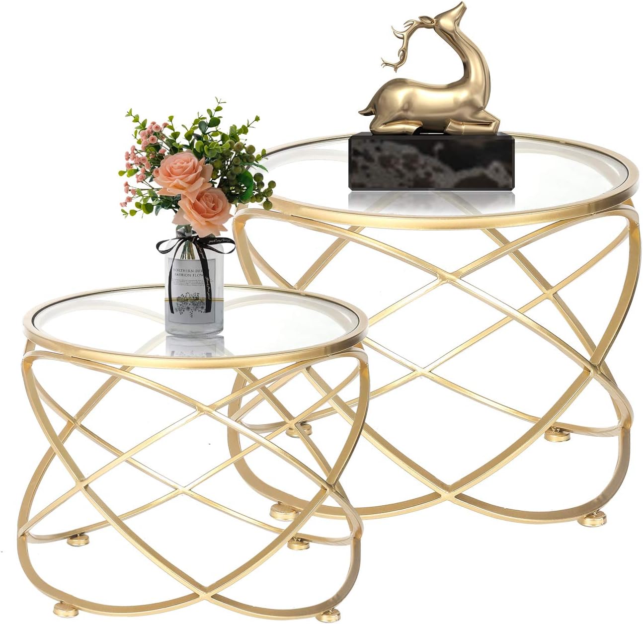 ELEGAN Luxury Classic Metal Accent Nesting Side End Table with Metal Top(Golden Set of 2)