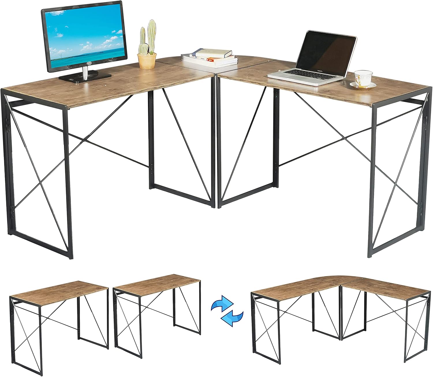Rainbow Sophia Modern Metal X Frame Reversible and Foldable Home Office Corner L-Shaped Computer Desk, 59 Inch, Black/Brown