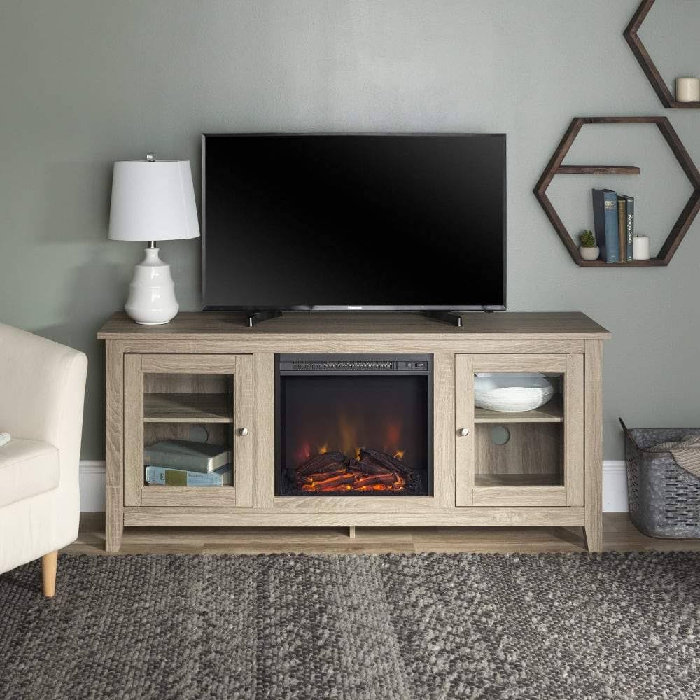 Walker Edison 58x22 Wood Barnwood Media TV Stand Console with Fireplace