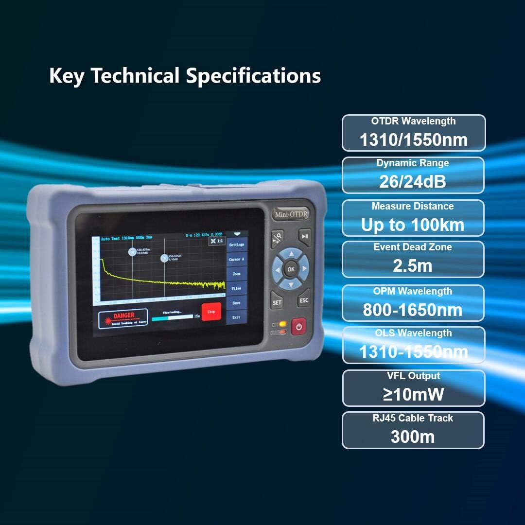 Fiber Optic OTDR Tester SM 1310/1550nm 26/24dB 100km with 4.3-inch Touch Screen, Multi-functional OTDR with VFL OPM OLS Event Map RJ45 Tracking Functions