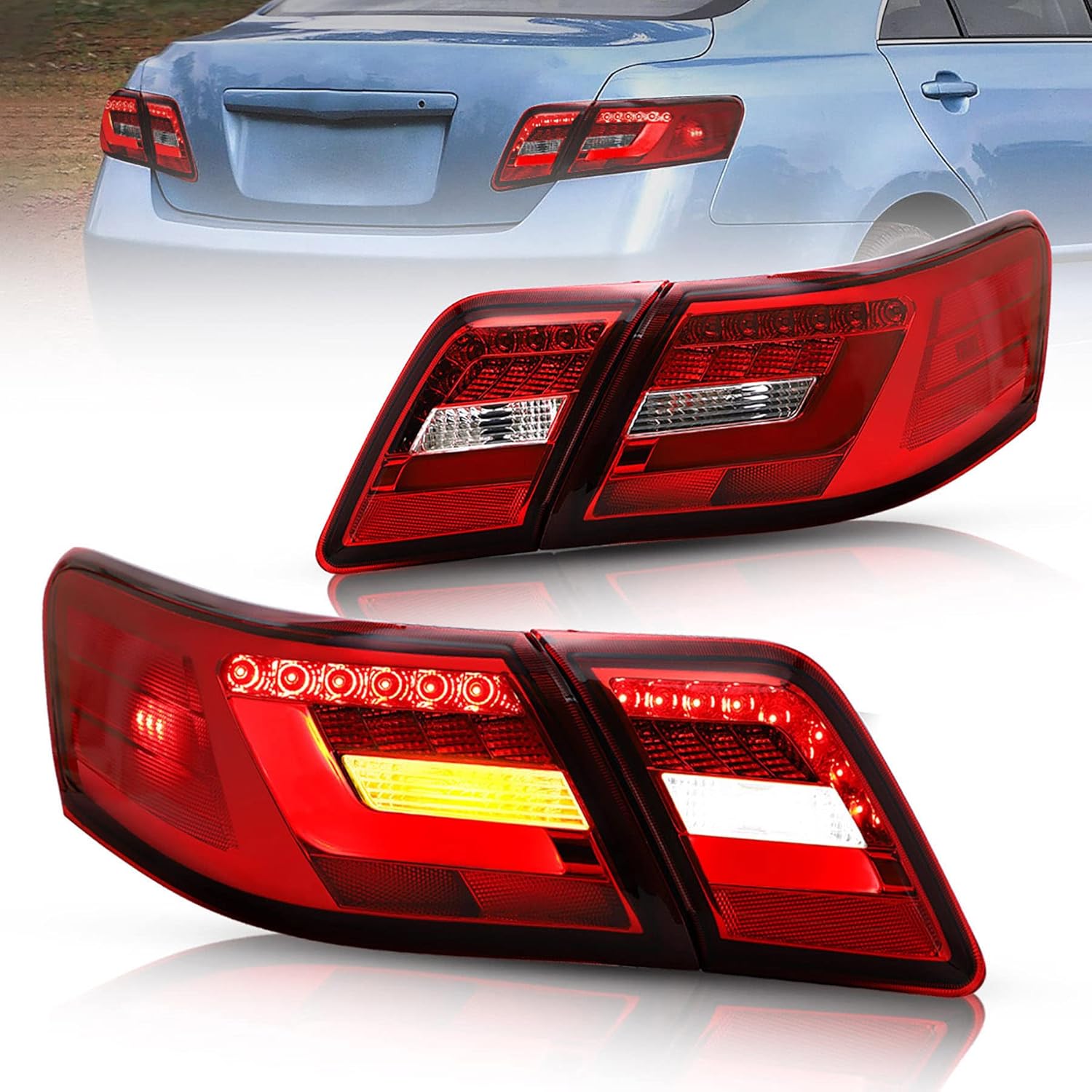 VLAND LED Tail lights Compatible with Toyota Camry 2007-2011 with 3D Light Bar, Not Fit LE Models and Hybrid (Factory LED Rear Light) Red Smoke