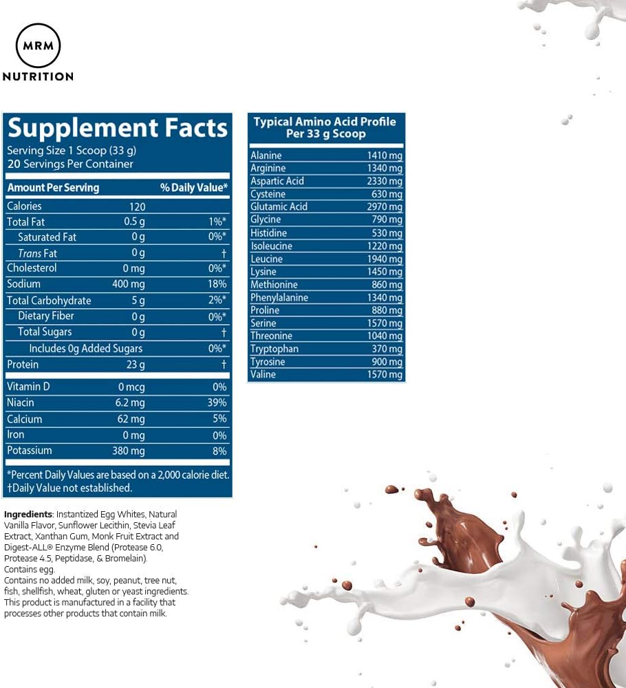 MRM Nutrition Egg White Protein | Vanilla Flavored | 23g Fat-Free Protein | with Digestive enzymes | Highest Biological Value | Clinically Tested | 20 Servings Pack of 2