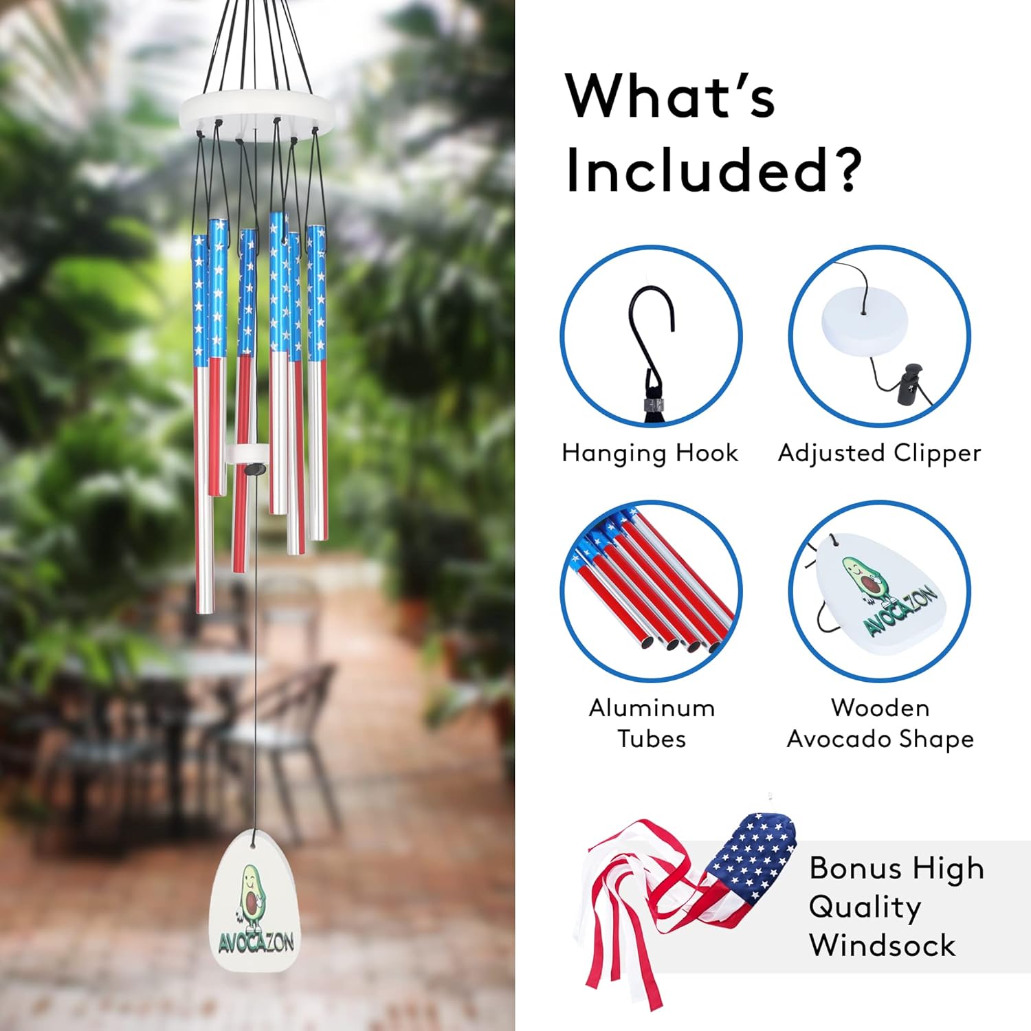 Generic AVOCAZON Wind Chime - American Flag Themed Home D&eacute;cor Deep Tone Mood Boosting Jingles Aids in Anxiety Relief Ideal for Sympathy Gift Perfect Patios, Lawn, Terrace 28.7In, SGU01