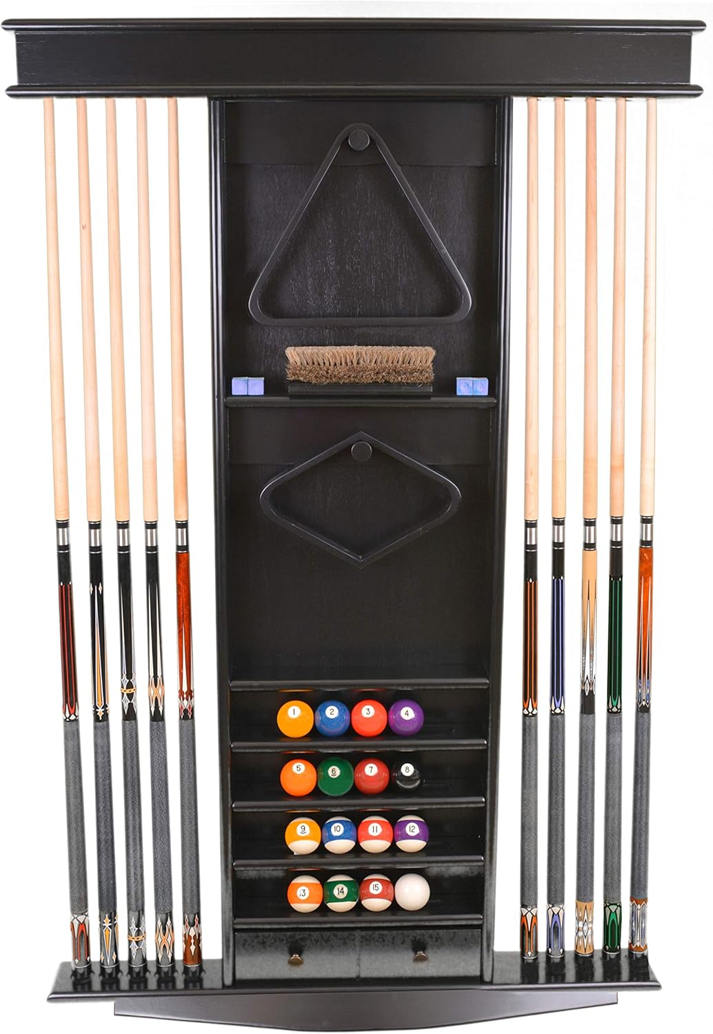 ISZY Billiards Cue Rack Only - 10 Pool Cue - Billiard Stick + Ball Set Wall Rack Choose Mahogany, Black or Dark Oak Finish