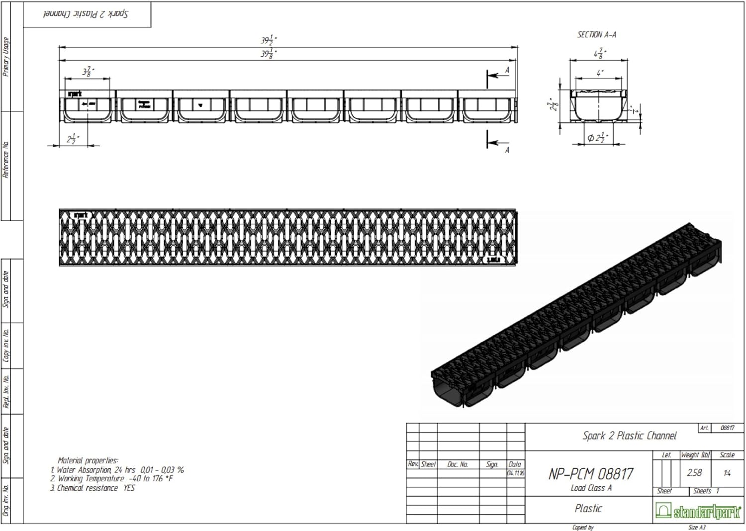 Standartpark - 4 Inch Trench Drain System With Grate - Ivory Color - Spark 2 Channel (1) Pack of 2
