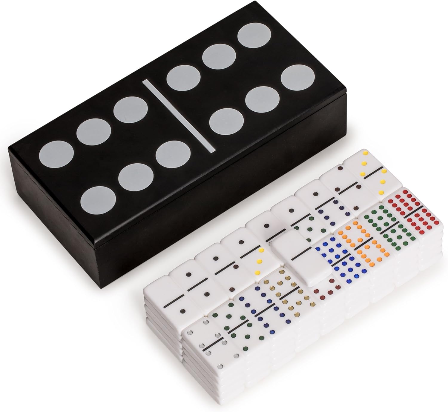 Yellow Mountain Imports Double 12 Colored Pips/Dots Dominoes in Black Lacquer Case - Professional Size 91 Tile Set for Mexican Train and Other Domino Games Pack of 2