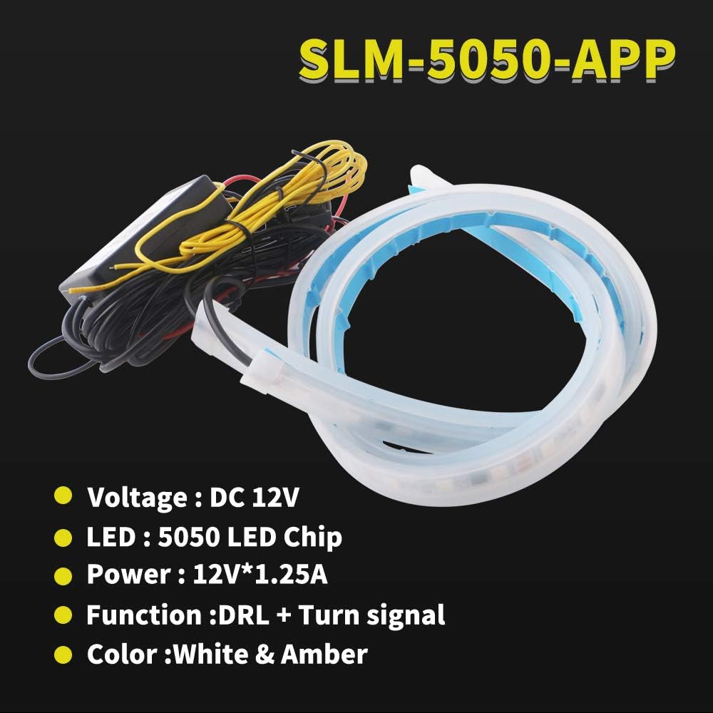 Qasim Car LED Strip Lights, RGB Multi Color 60CM/24 Inch Flexible Waterproof LED Daytime Running Light Strip Neon Turn Signal Lights Switchback Light APP Control-2Packs