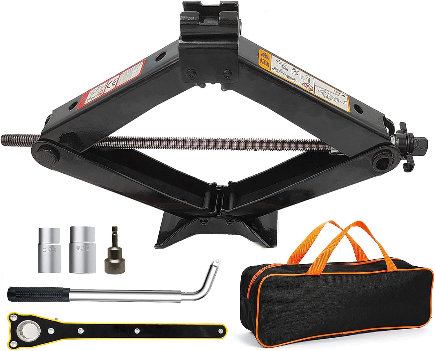 CFYUSEU Scissor Lift Jack Max 3 Ton Capacity with Jack Socket Drill Adapter, Lifting Jack Car Kit with Wrench/Lug Wrench for Car SUV MPV, Black, QJD-3-1