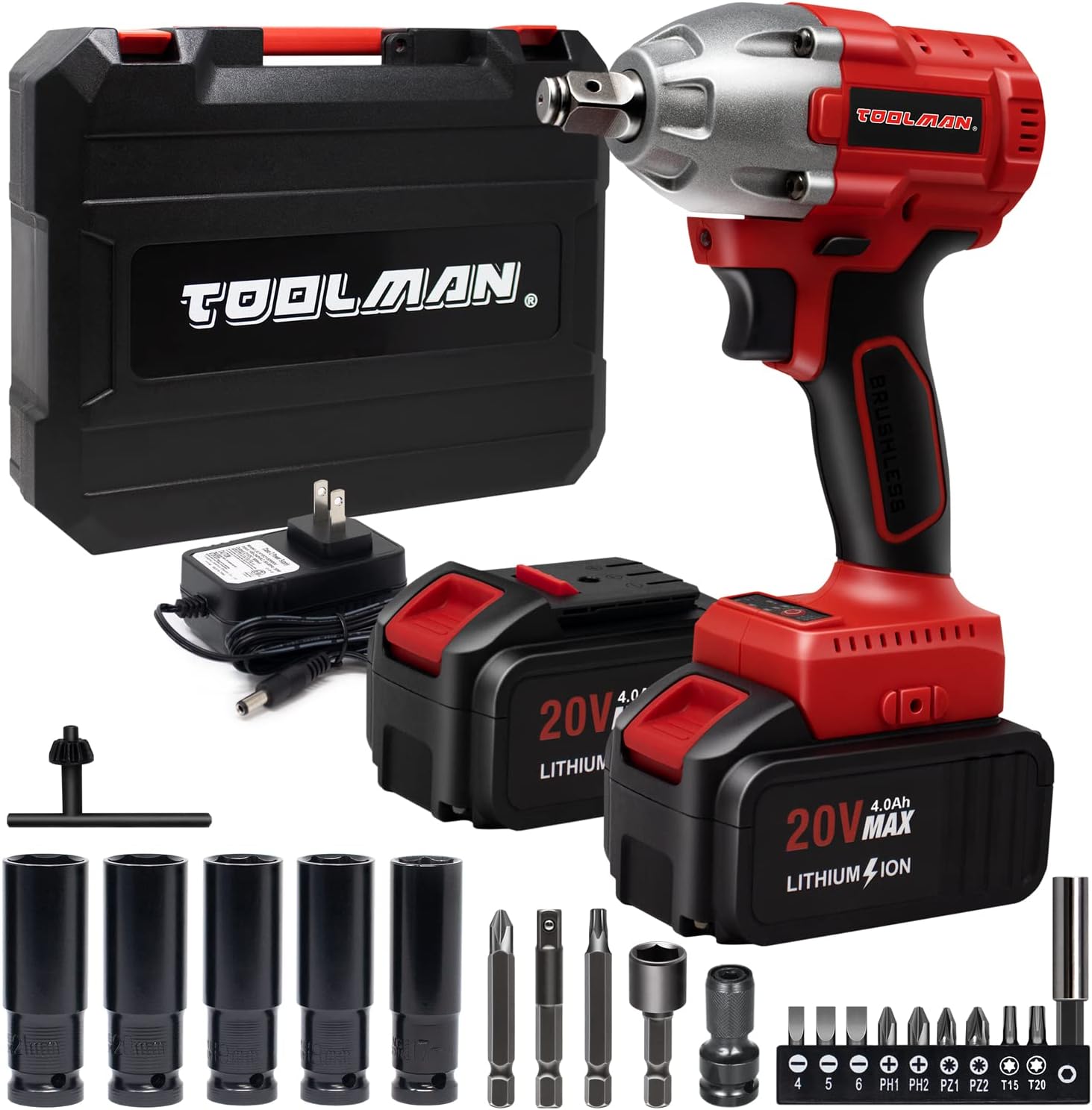 Toolman Lithium-ion 2pc Batteries cordless Impact Wrench kit brushless motor 1/2