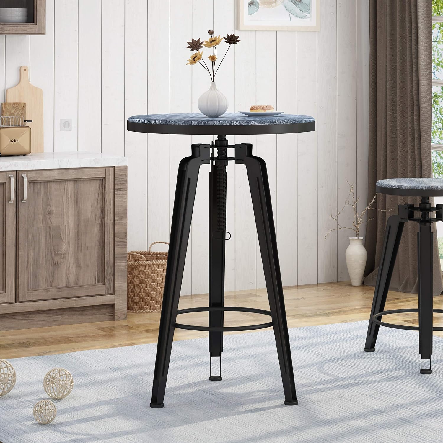 Christopher Knight Home Clem Swiveling Iron Bar Table with Firwood Seat, Black and Brushed Dark Gray