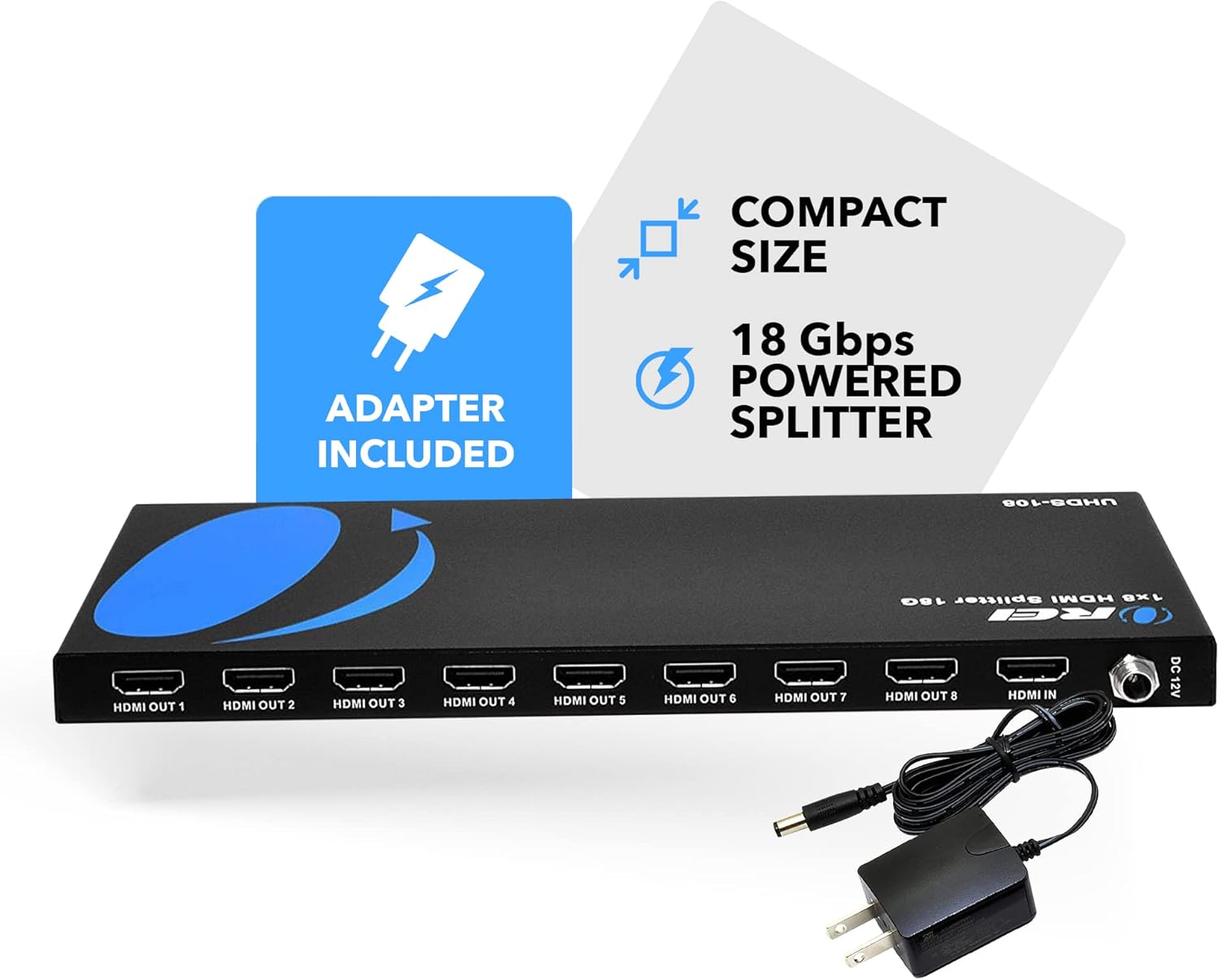 OREI 1x8 2.0 HDMI Splitter 8 Ports with Full Ultra HDCP 2.2, 4K at 60Hz & 3D Supports EDID Control - UHDS-108 Pack of 2