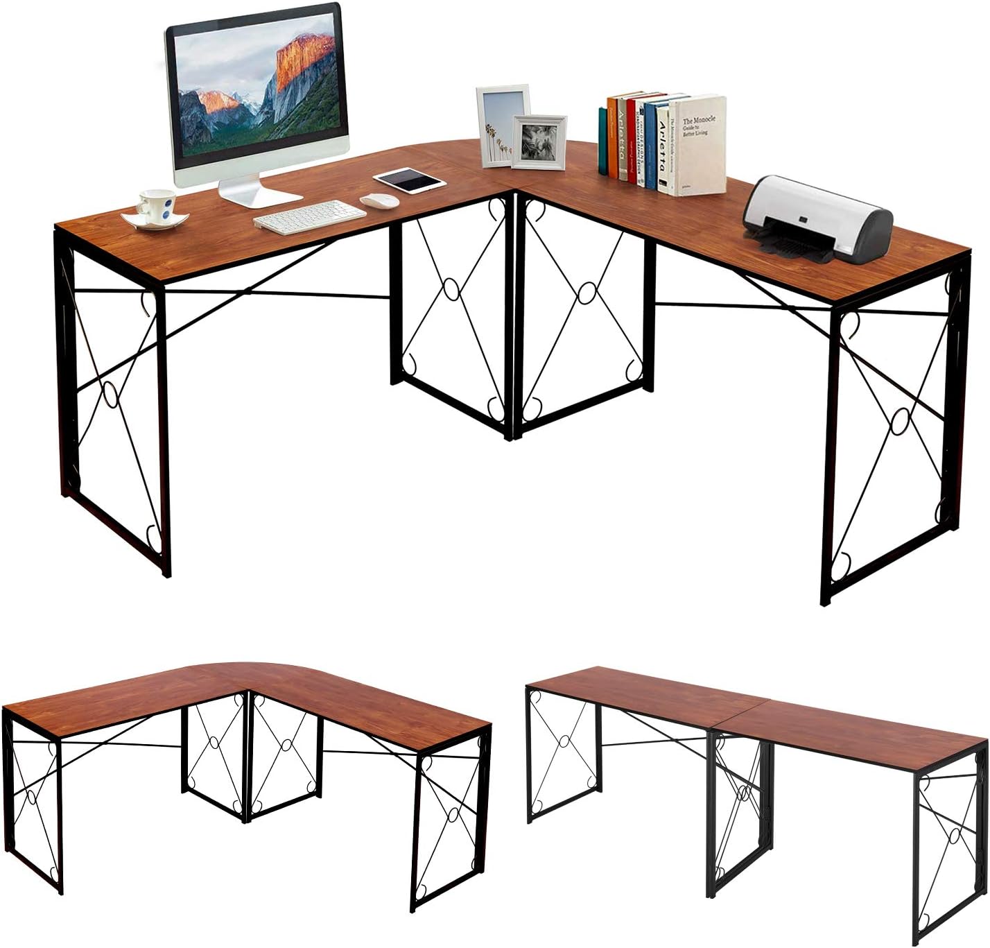 VECELO Computer Corner Desk, 59''x59'' Large L Shaped Home Office Workstation, Industrial Multi-Usage Long 2 Person Table, Easy Assembly/Saving Space, Steel Frame&Wooden Grain, Brown