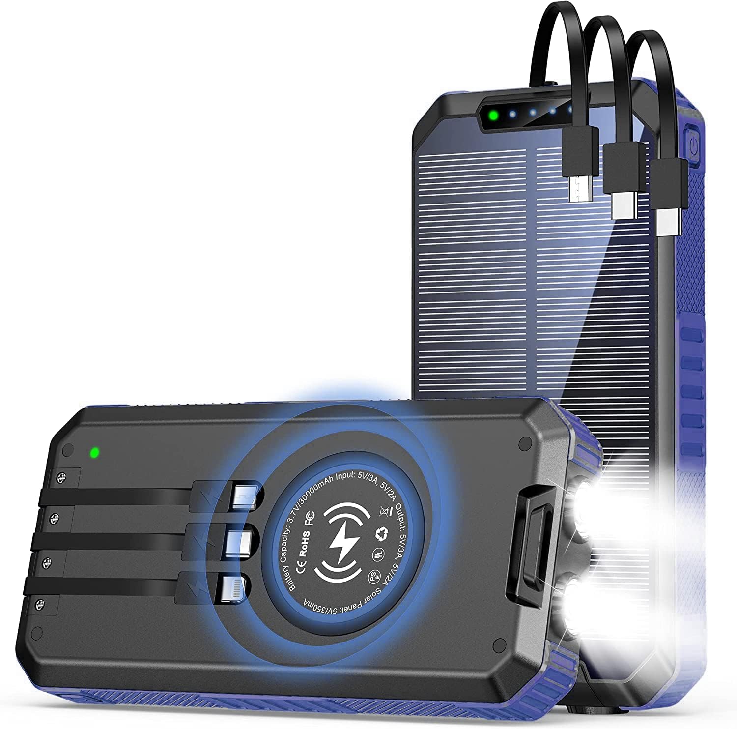 Wireless Portable Charger, 30000mAh Solar Power Bank| Solar Charger USB-C Solar Phone Charger with LED Flashlight 2 Input&6 Output External Battery Pack Pack of 2