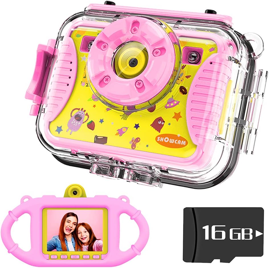 SHOWCAM Kids Camera for Children with16GB SD Card,Waterproof Child Video Cam for Age 3,4,5,6+,Selfie Supported 1080P 8MP 2.4 Inch Large Screen, Silicon Handle, Face Recognition (Blue) Pack of 2