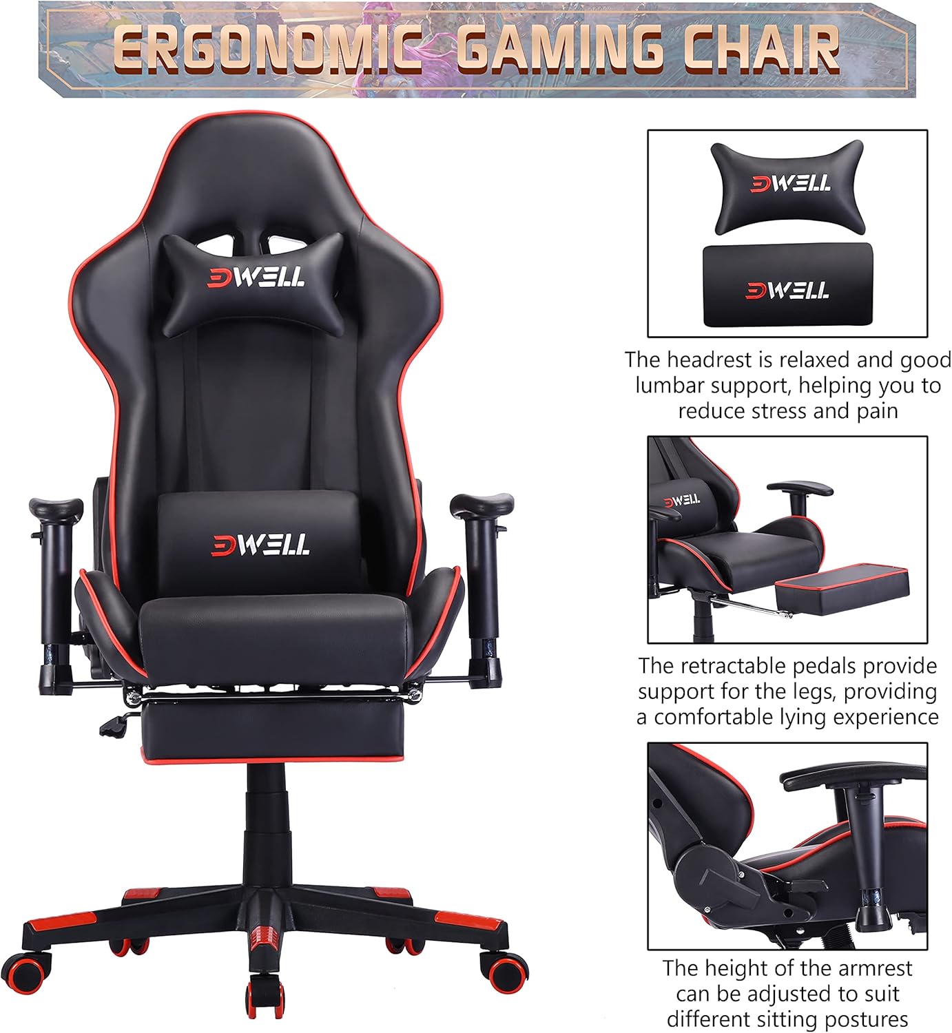 Gaming Chair,Racing Gaming Chair,Ergonomic Recliner Computer Game Chair,Height Adjustable Desk Chair,Backrest Support and High Back Design with 360&deg;-Swivel Seat for Executive Office or Gaming (RED)