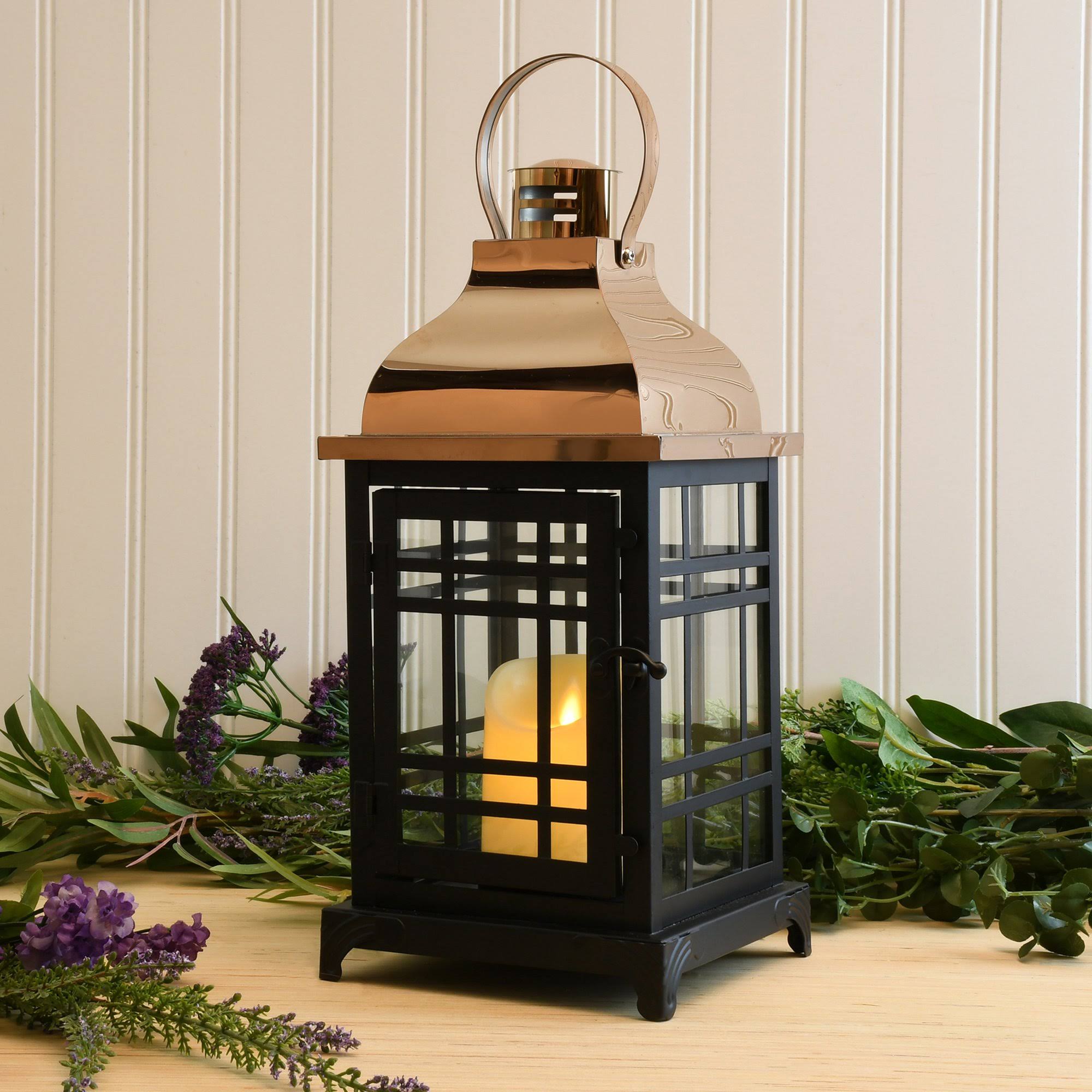 Metal Lantern with Moving Flame LED Candle - Black with Gold Roof